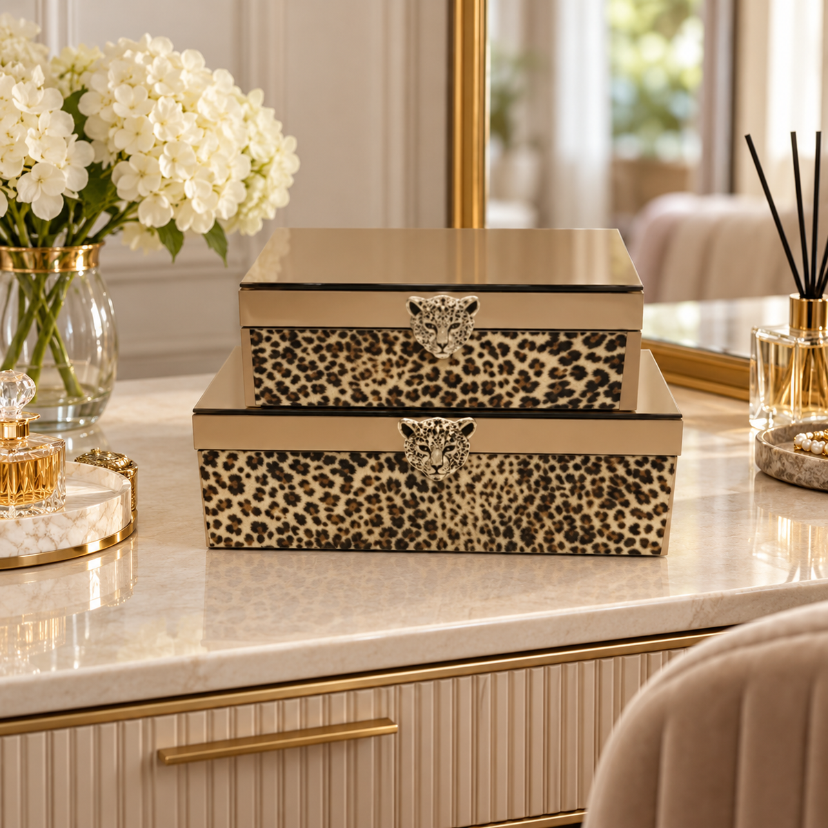 Luxury Leopard Print Two-Piece Decorative Storage Box Set