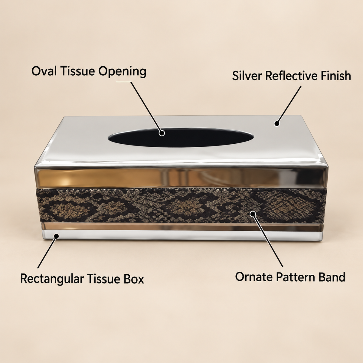 Silver Mirrored Tissue Box with Dark Patterned Panel features