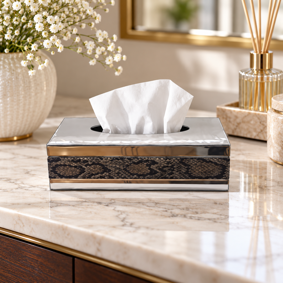 Silver Mirrored Tissue Box with Dark Patterned Panel