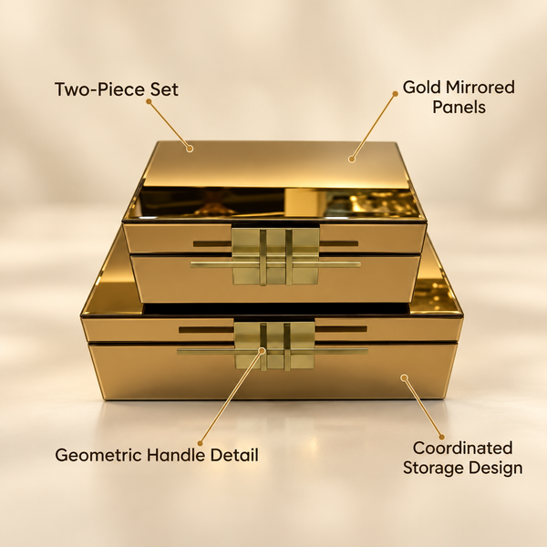 Gold Mirrored Two-Piece Decorative Storage Box Set features