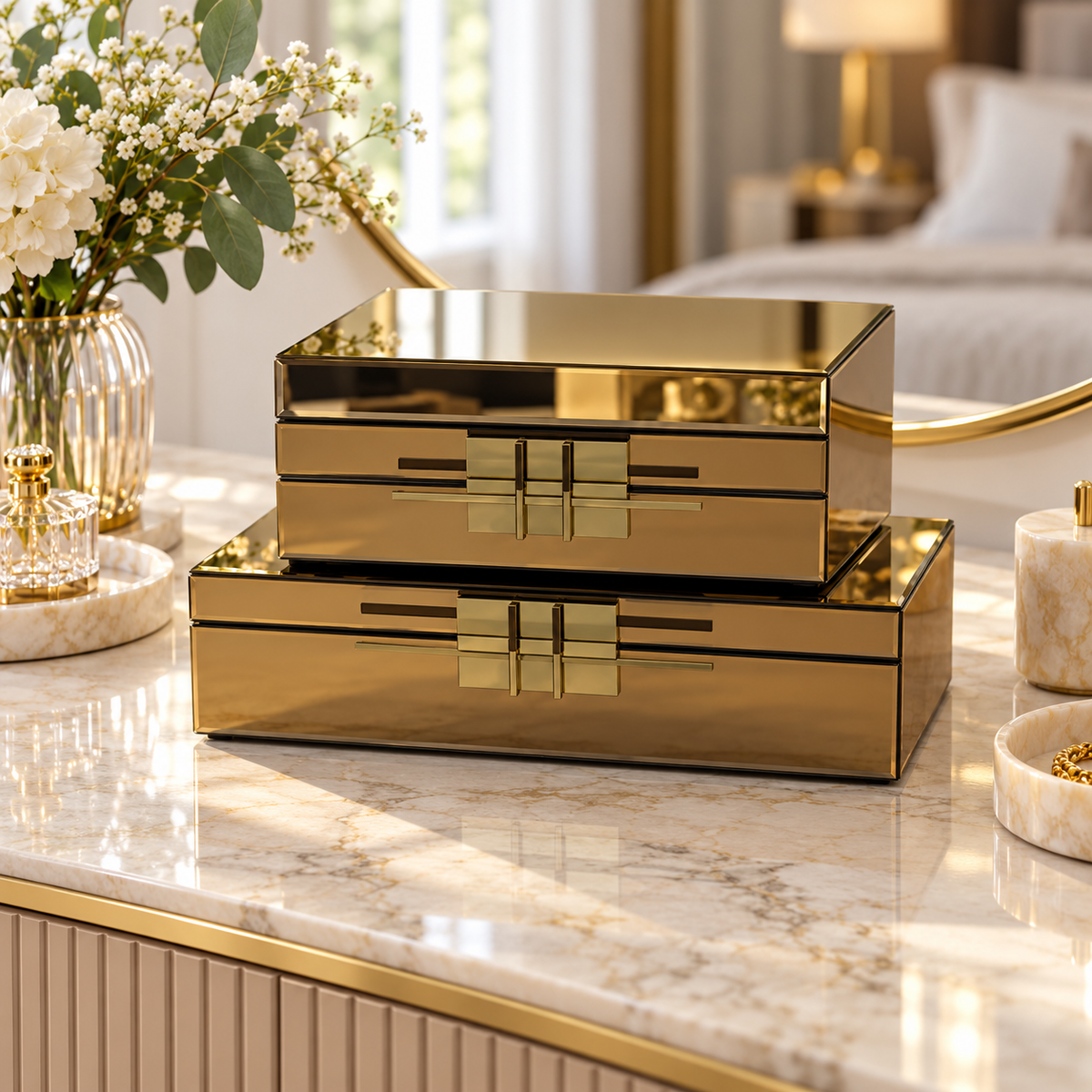 Gold Mirrored Two-Piece Decorative Storage Box Set