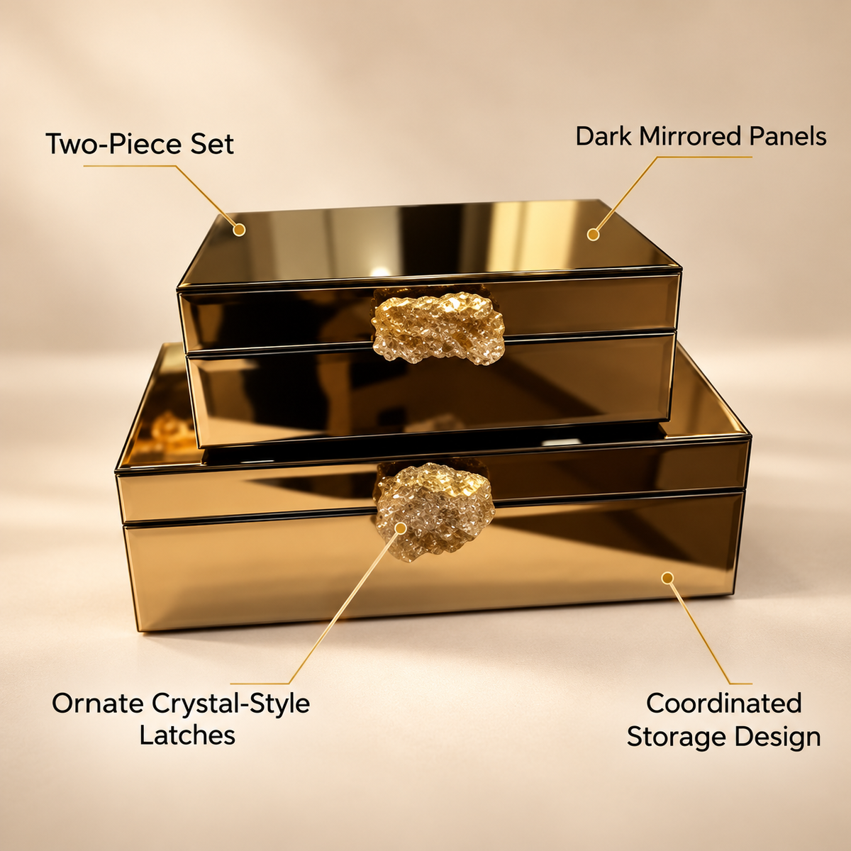 Black & Gold Mirrored Two-Piece Decorative Storage Box Set features