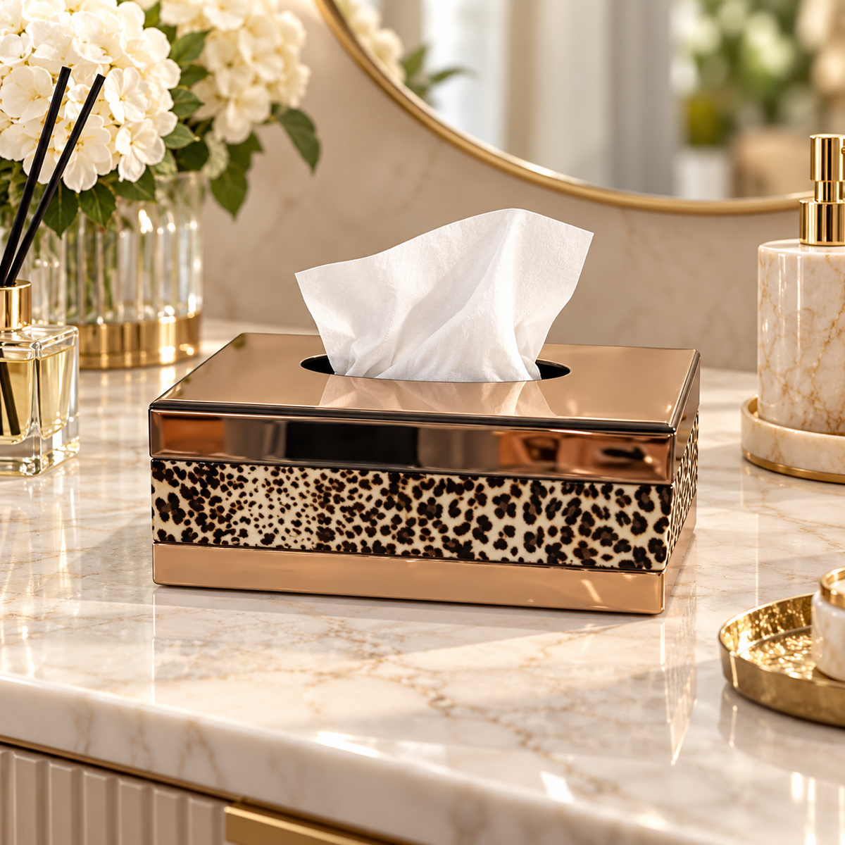 Bronze Mirrored Leopard Print Tissue Box
