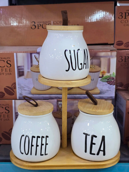 Luxury Ceramic Tea Coffee Sugar Jar Set with Wooden Stand – Premium Kitchen Organizer Storage Set (3 Piece)