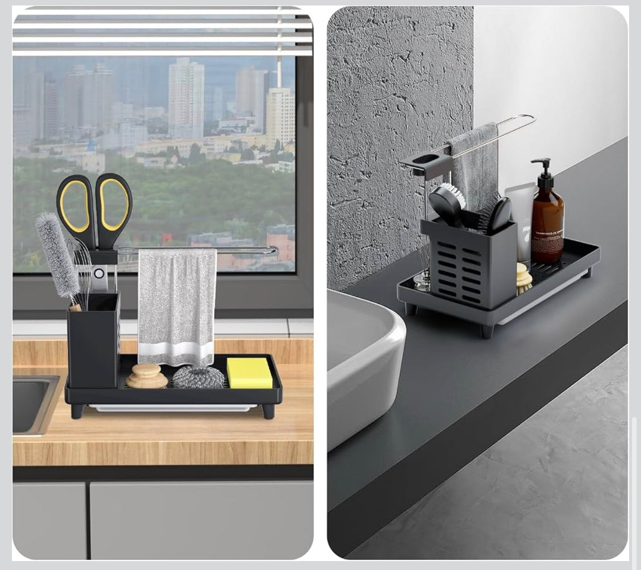 Premium Bathroom Countertop Organizer with Towel Bar & Removable Drain Tray | Multi-Function Sink Caddy