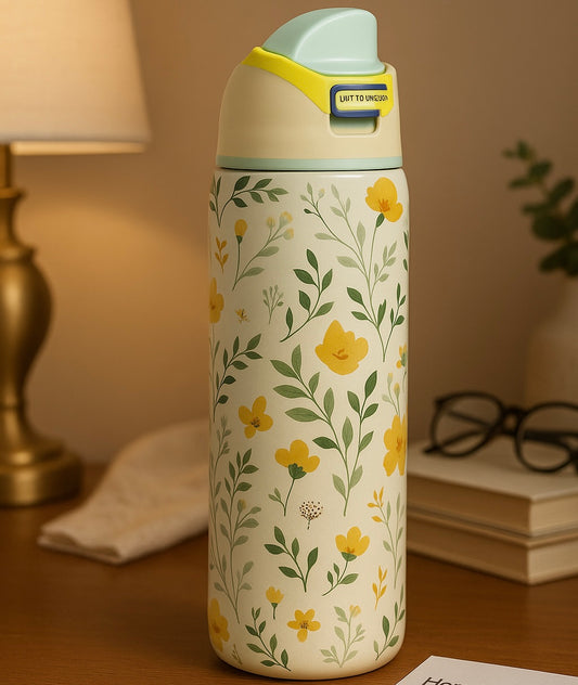 Owala-Style Floral Insulated Water Bottle – 950ml | Cute One-Touch Lock, Leak-Proof Hot & Cold Bottle