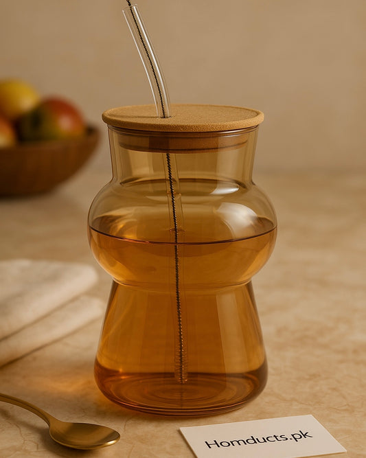 Amber Hourglass Glass Cup with Lid & Straw – Premium Reusable Drinking Cup