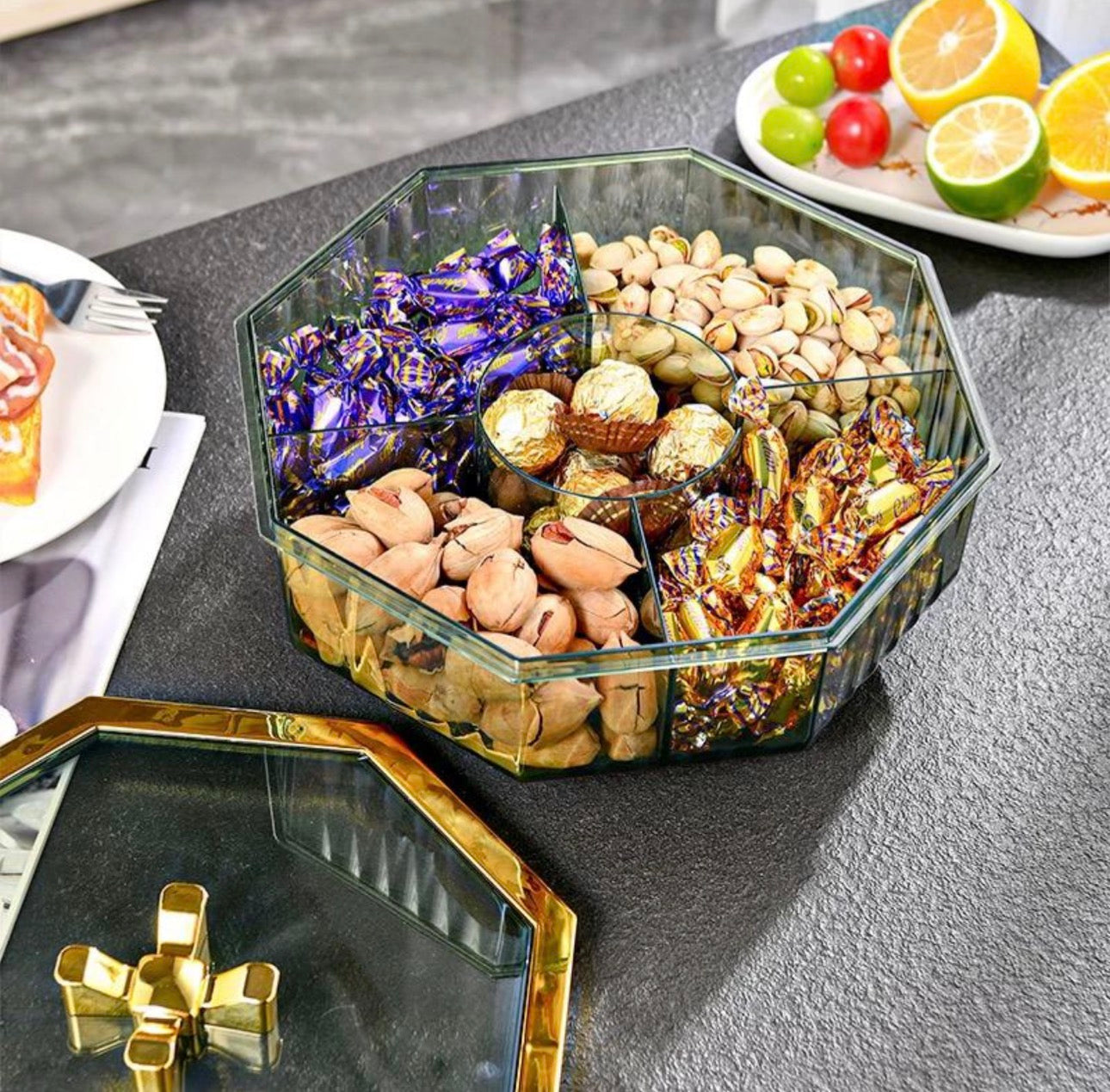 Luxury Octagonal Dry Fruit & Candy Organizer with Golden Lid – Multi-Compartment Storage Box