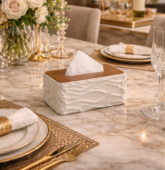 Luxury Wave Texture Tissue Box Cover with Wooden Lid – Premium Decorative Tissue Holder for Home & Office | Homducts.pk