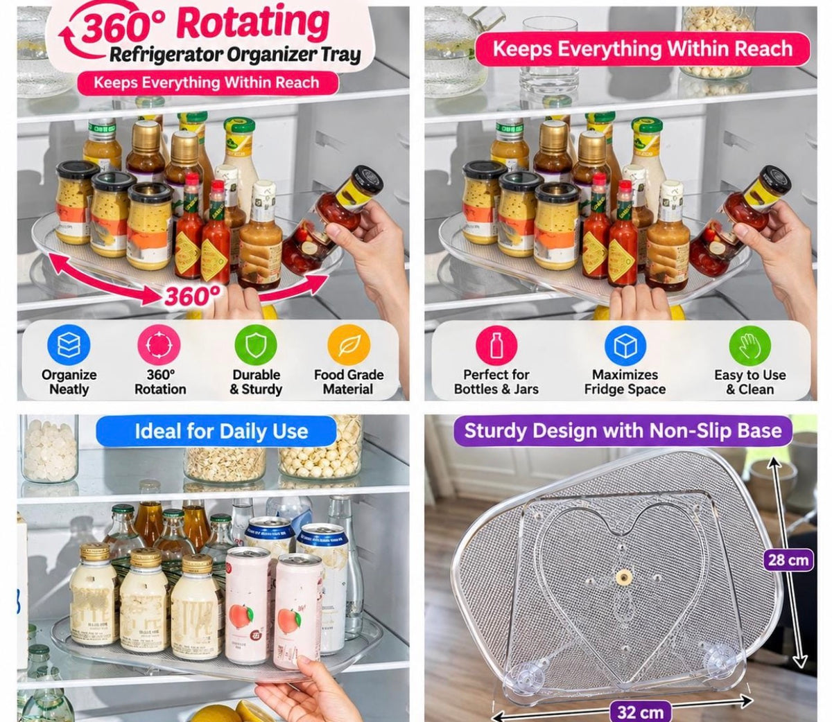360° Rotating Refrigerator Organizer Tray – Clear 32 × 28 cm