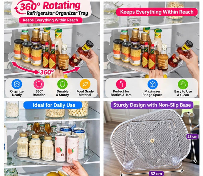 360° Rotating Refrigerator Organizer Tray – Clear 32 × 28 cm