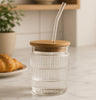Luxury Ribbed Glass Tumbler with Wooden Lid & Straw – Premium Café Drinkware