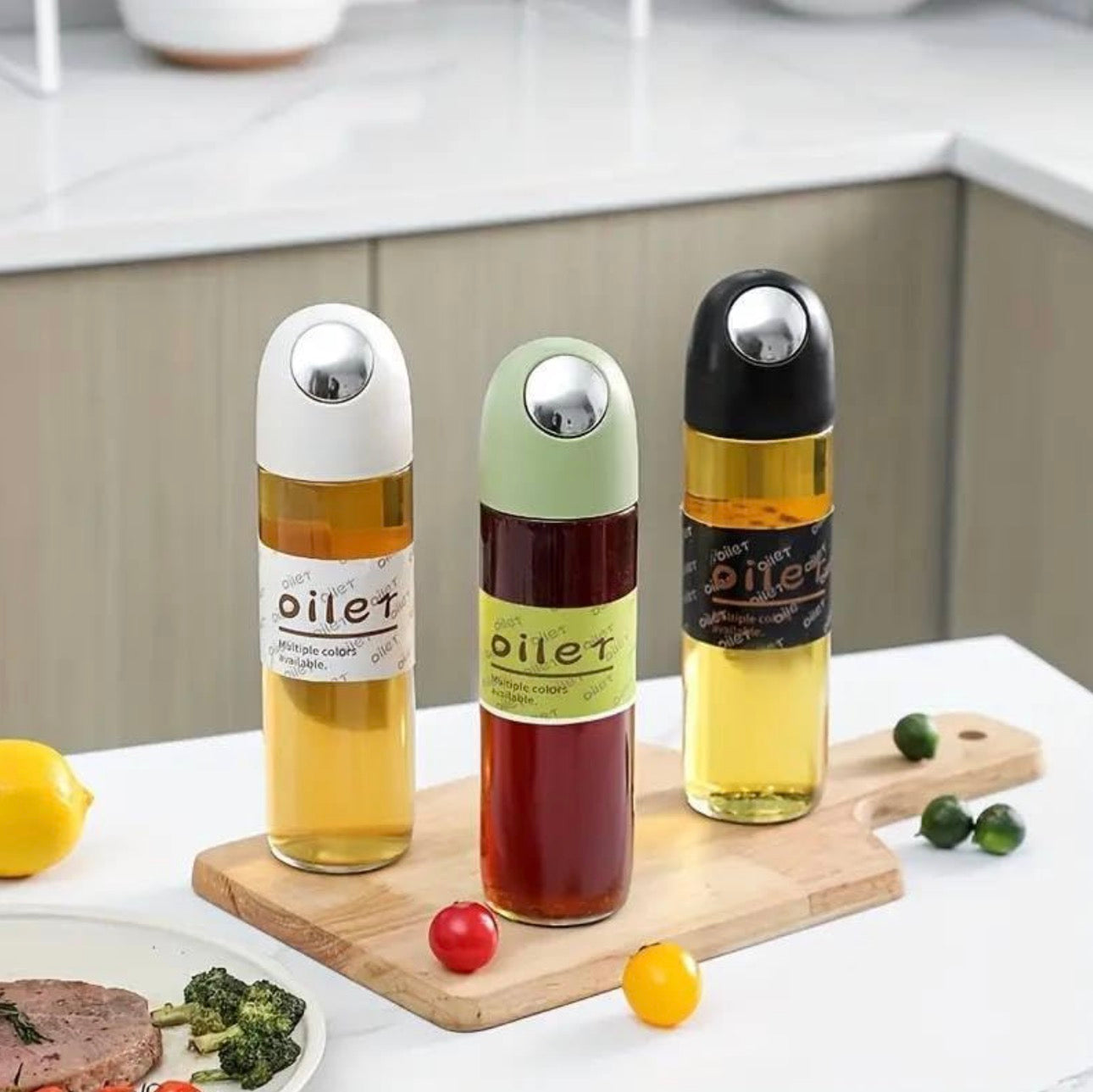 Glass Oil Dispenser Bottle with Automatic Pour Lid – Modern Kitchen Oil & Sauce Container