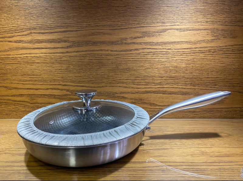 Premium Stainless Steel Deep Frying Pan with Glass Lid – Non-Stick Honeycomb Surface