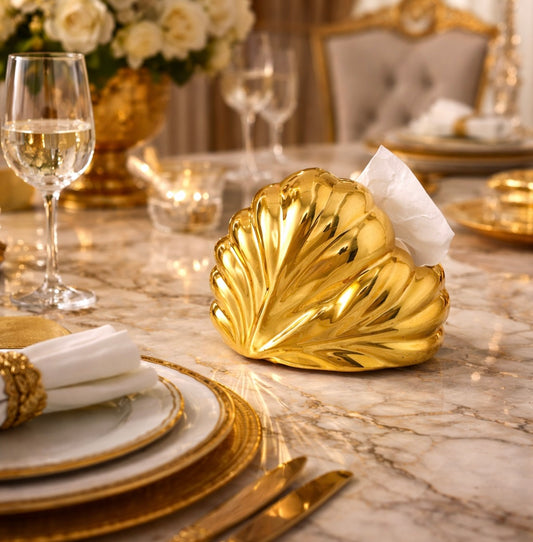 Luxury Shell-Inspired Tissue Holder | Gold & Silver Decorative Tabletop Tissue Box – Homducts.pk