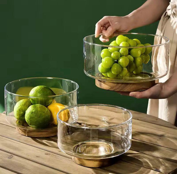 Premium Glass Fruit Bowl with Wooden Base – Elegant Serving & Kitchen Display Bowl (1 PC)