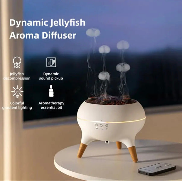 Modern Jellyfish-Style Air Humidifier & Aromatherapy Diffuser – Quiet Mist, Night Light, Wooden Leg Design