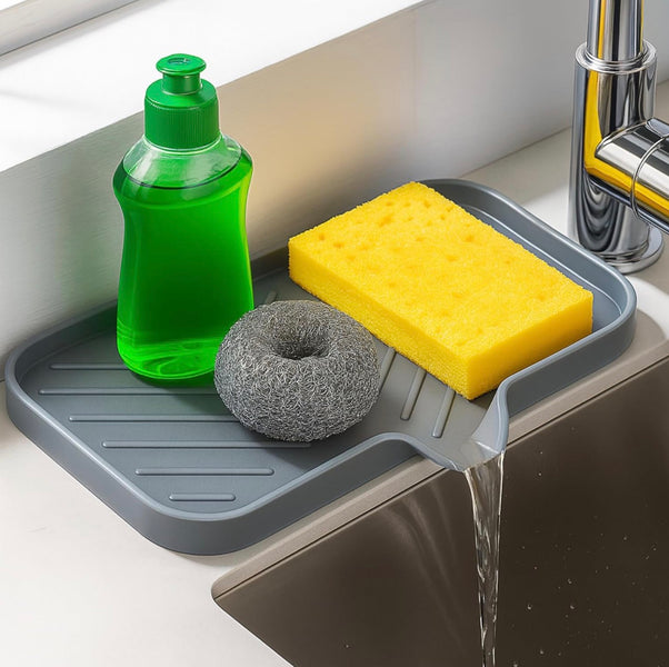 Premium Silicone Sink Organizer Tray with Drain Outlet – Multi-Purpose Faucet Shelf for Kitchen & Bathroom