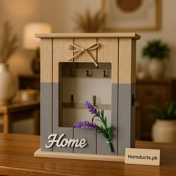 Rustic Wooden Wall Key Holder Cabinet with Glass Window & Decorative Lavender – Home Organizer Box