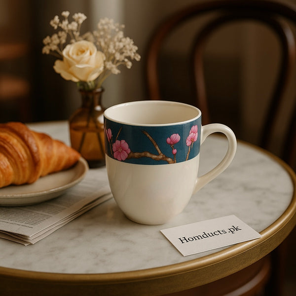 6-Piece Luxury Ceramic Mug Set with Cherry Blossom Design – Tea & Coffee Cups