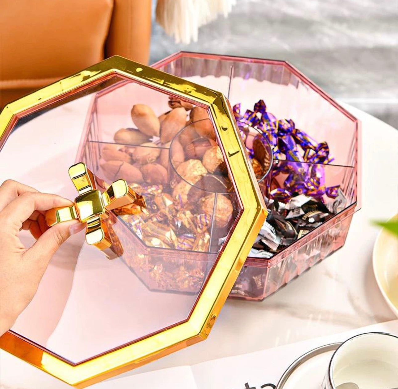 Luxury Octagonal Dry Fruit & Candy Organizer with Golden Lid – Multi-Compartment Storage Box
