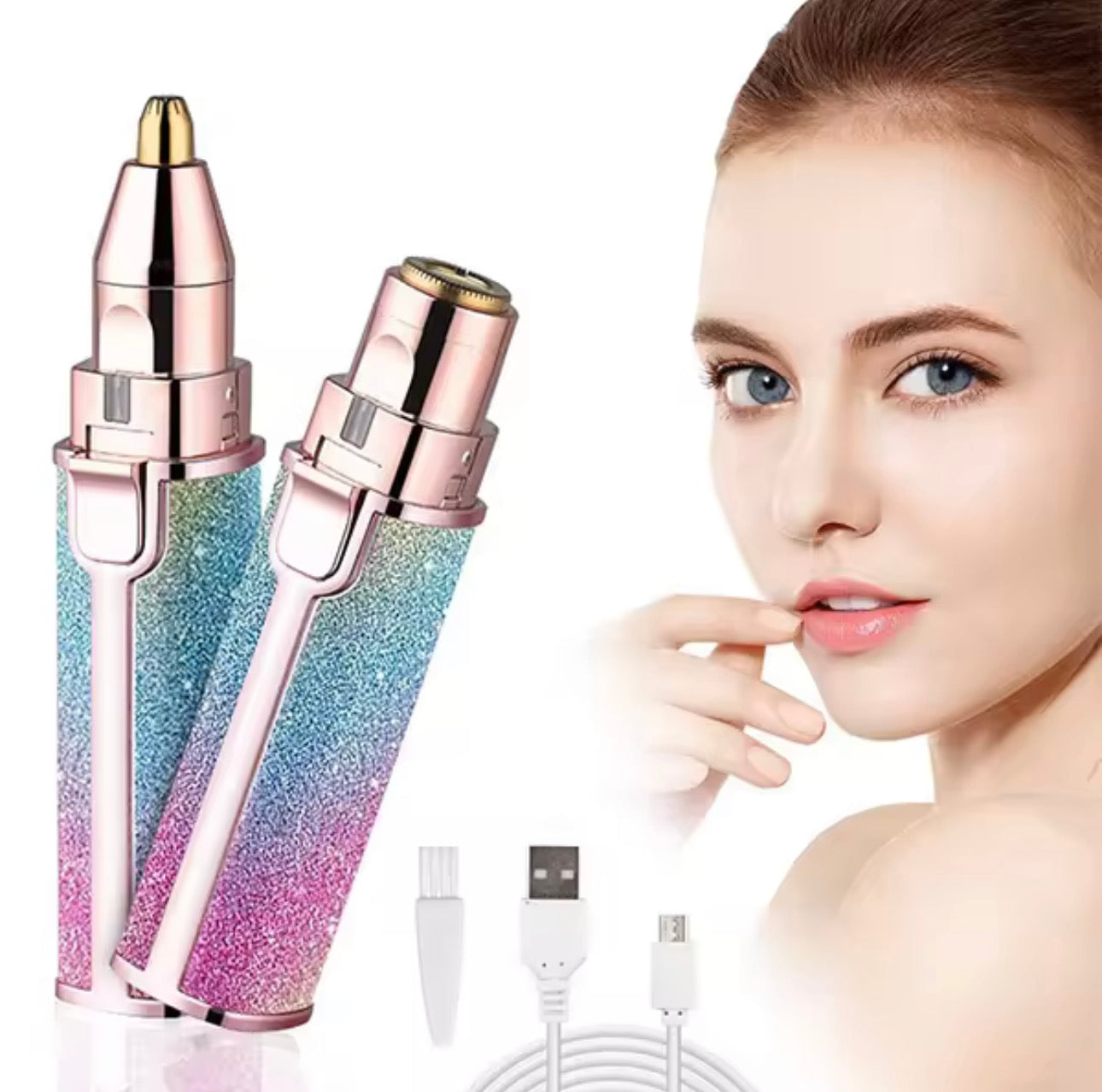 Rechargeable Rainbow Glitter Eyebrow Trimmer – USB Precision Hair Remover for Women