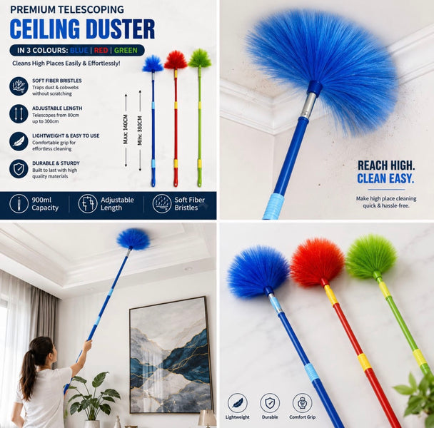 Premium Extendable Microfiber Ceiling Duster with Telescopic Handle | Long Reach Cobweb & Fan Cleaning Brush
