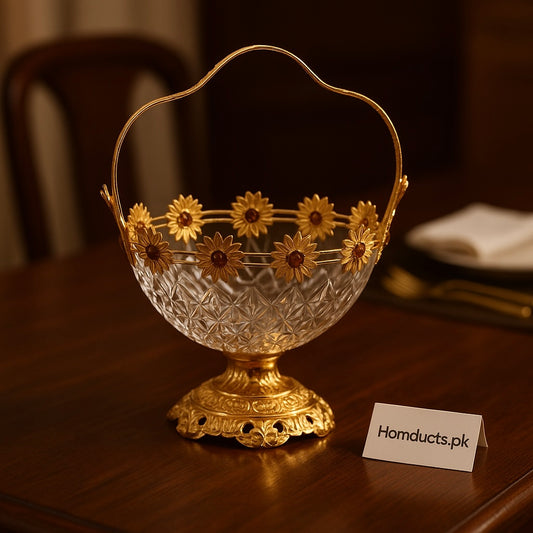 Luxury Crystal Flower Basket – Gold Plated Base & Handle | Decorative Serving & Centerpiece Bowl