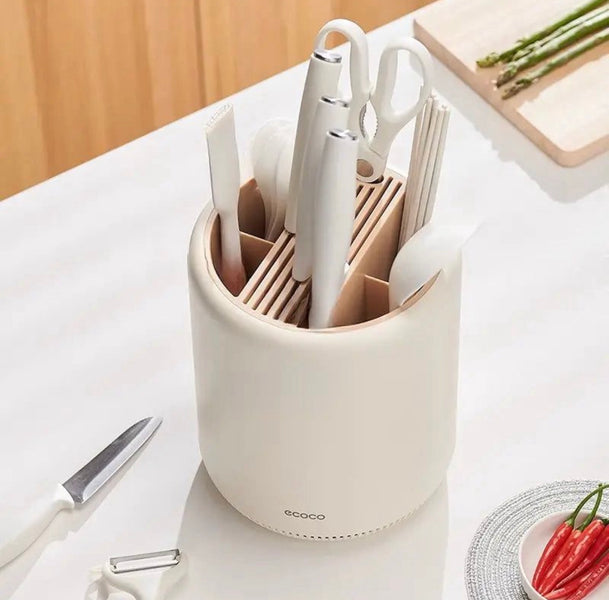 ECOCO Luxury White Kitchen Utensil Holder with Drainage Base – Modern Countertop Cutlery & Knife Organizer