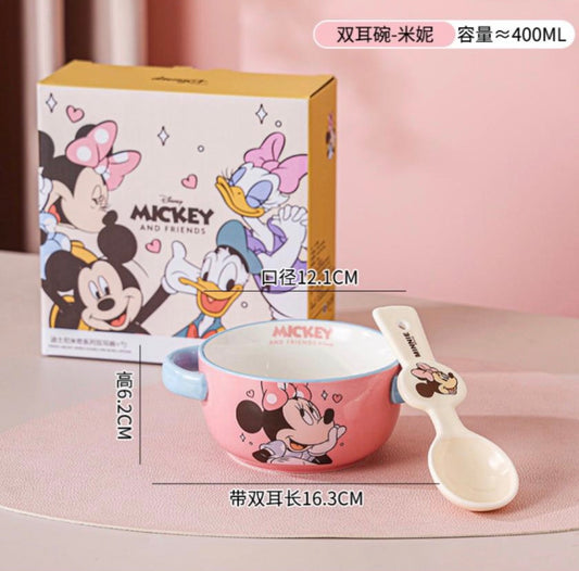 Disney Minnie Mouse Ceramic Bowl Set with Spoon | 400ml Kids Double Handle Bowl