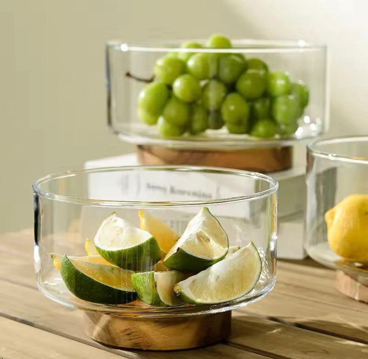Premium Glass Fruit Bowl with Wooden Base – Elegant Serving & Kitchen Display Bowl (1 PC)