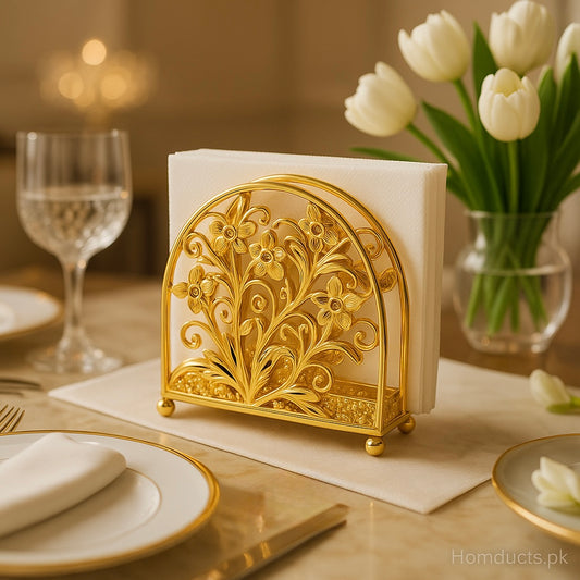 Luxury Golden Floral Napkin Holder – Elegant Table Organizer for Dining & Decor