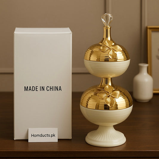 Luxury Double-Layer Golden Decorative Jar with Crystal Top – Elegant Home Décor Storage Piece