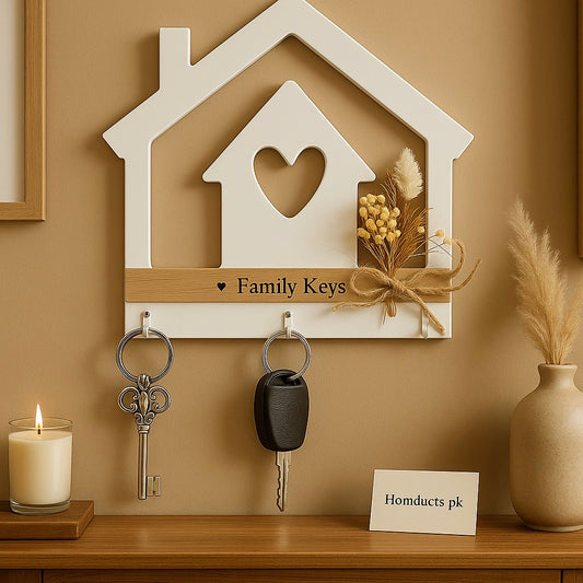 Luxury Wooden House-Shaped Family Key Holder – Wall Mounted Key Organizer with Hooks & Decorative Dried Flowers