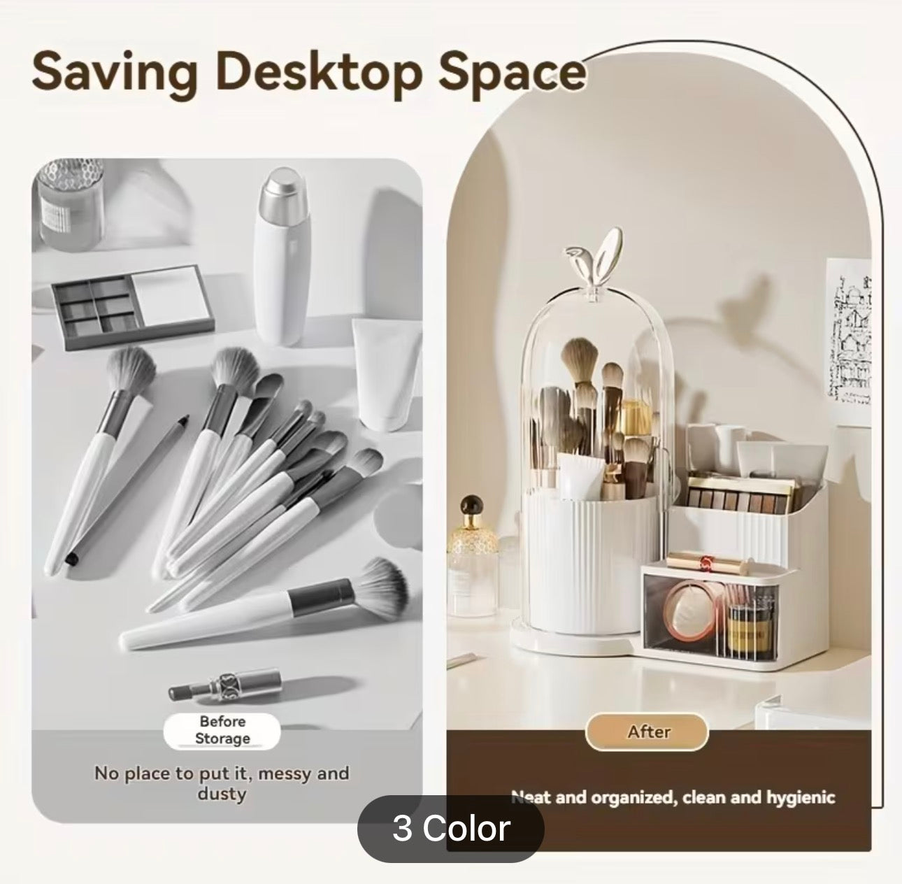 Luxury Rotating Makeup Organizer with Dustproof Cover – Multi-Compartment Cosmetic Storage Box
