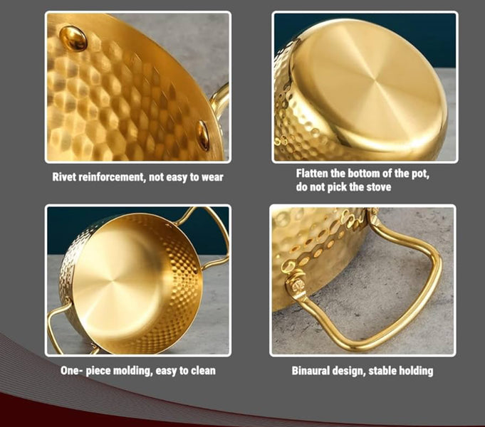 Luxury Golden Hammered Stainless Steel Noodle Pot with Double Handles – 16cm / 18cm