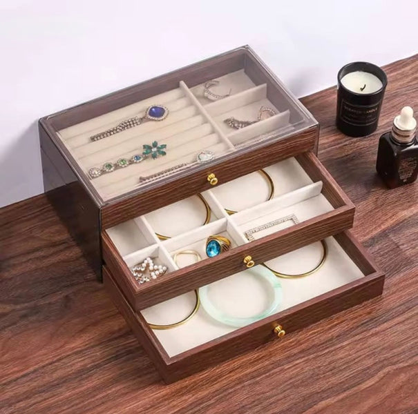 Luxury 3-Layer Wooden Jewelry Organizer Box with Glass Display & Velvet Compartments