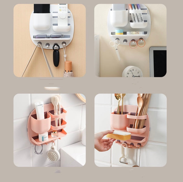 Wall-Mounted Multi-Section Bathroom Organizer Rack – Self-Adhesive Storage Shelf with Hooks for Toiletries & Accessories