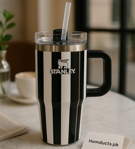 Stanley 20oz Black & White Striped Stainless Steel Tumbler with Straw