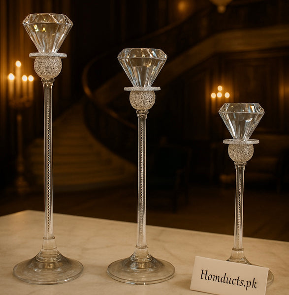 Luxury Crystal Diamond Candle Holder Set – 3-Piece Elegant Tall Centerpieces for Weddings & Home Décor | Homducts.pk