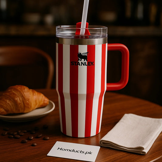 Stanley Red & White Striped Quencher Tumbler 20oz – Premium Insulated Mug with Straw