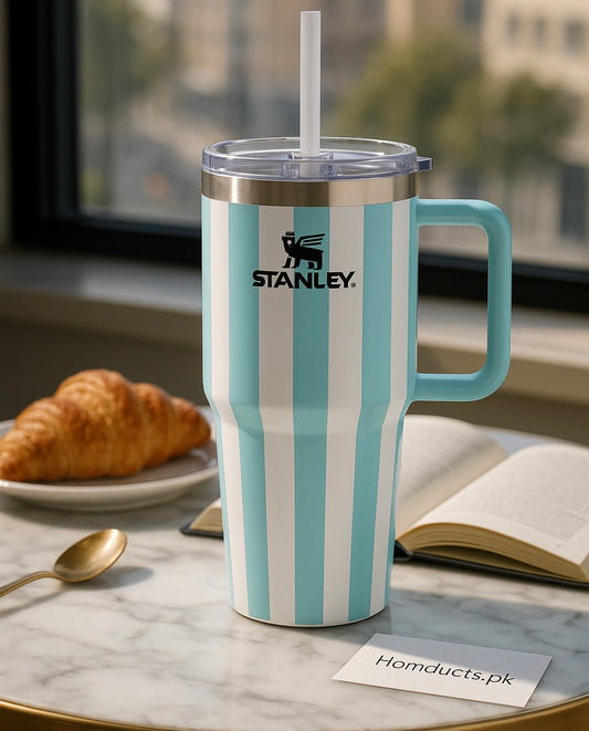 Stanley Blue & White Striped Quencher Tumbler 20oz with Handle and Straw