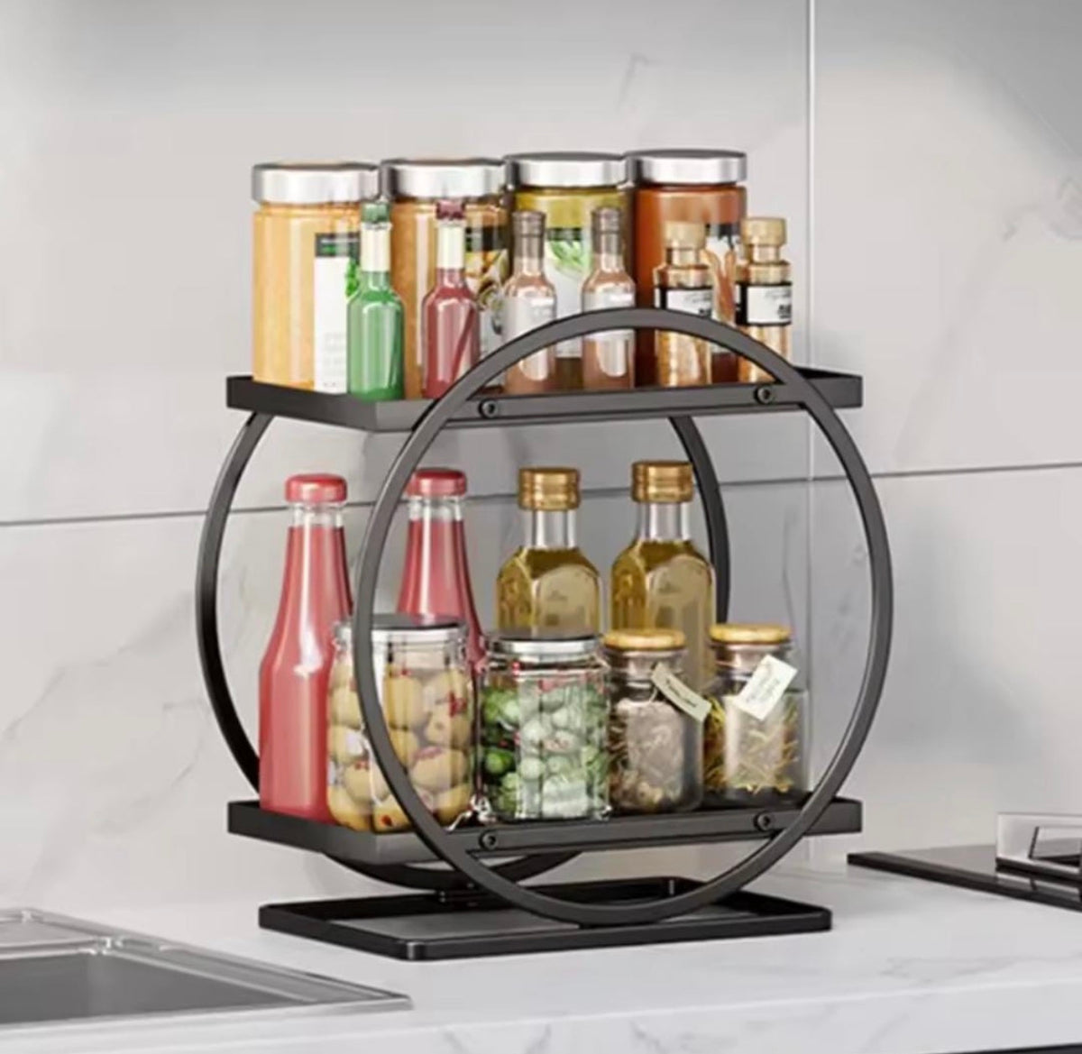 Black Condiment Racks Luxury 2-Tier Round Spice & Condiment Rack – Black Metal Kitchen Organ ...