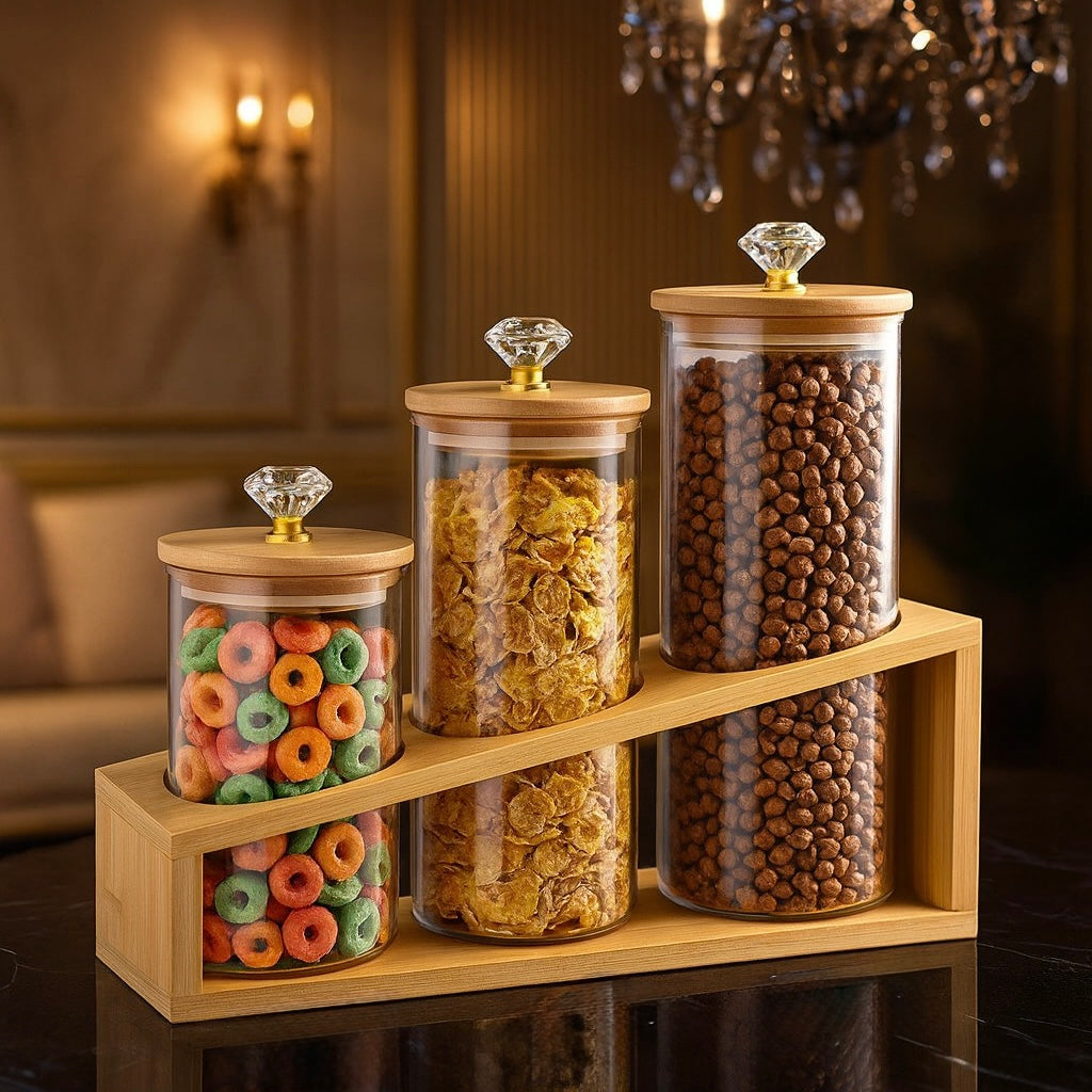 Luxury Glass Kitchen Storage Jars Set with Wooden Stand & Crystal Knobs (3-Piece)