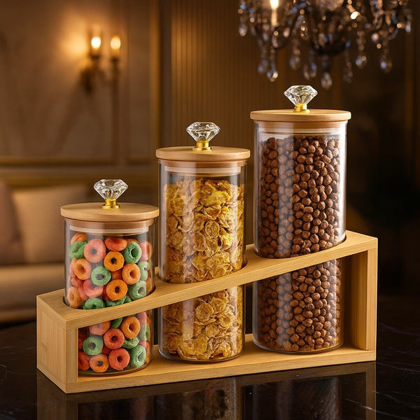 Luxury Glass Kitchen Storage Jars Set with Wooden Stand & Crystal Knobs (3-Piece)