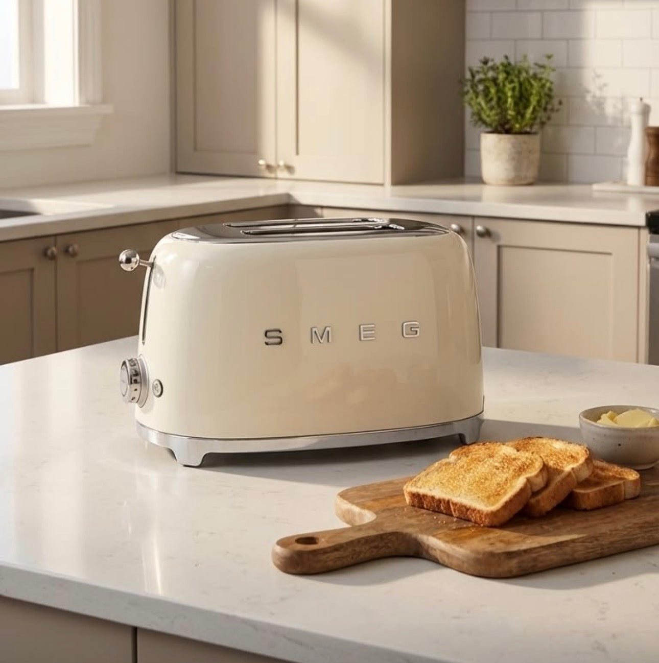 SMEG 2-Slice Retro Toaster – Cream White Premium Stainless Steel Bread Toaster with Multi-Function Controls