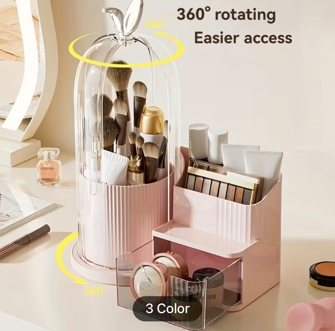 Luxury Rotating Makeup Organizer with Dustproof Cover – Multi-Compartment Cosmetic Storage Box