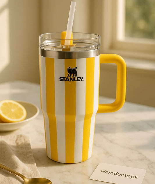 Stanley 20oz Striped Tumbler with Handle & Straw – Yellow & White Limited Edition