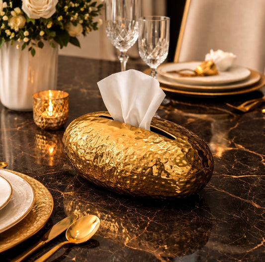 Luxury Hammered Gold Tissue Box – Modern Oval Design for Living Room & Office Décor