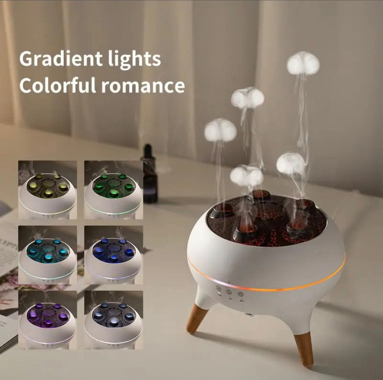 Modern Jellyfish-Style Air Humidifier & Aromatherapy Diffuser – Quiet Mist, Night Light, Wooden Leg Design